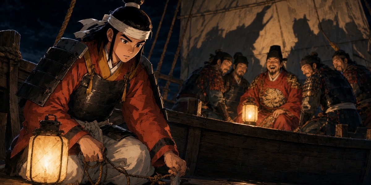 Night council on deck: the king and the Yamato captains laugh around a lantern; Takutsu alone reads the tide