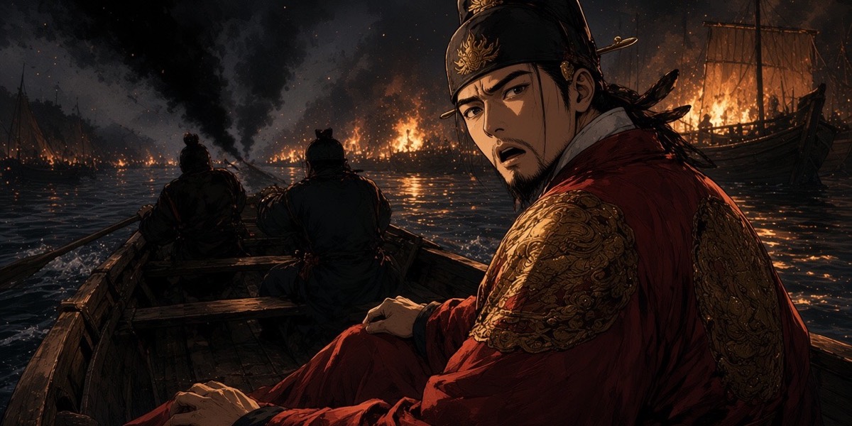 Pung flees north in a small boat through the smoke, looking back at the burning fleet