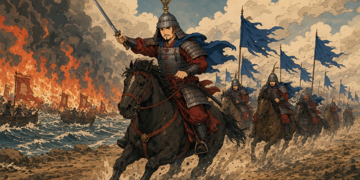 King Munmu leads the Silla cavalry across the mudflats into the Baekje shore guard