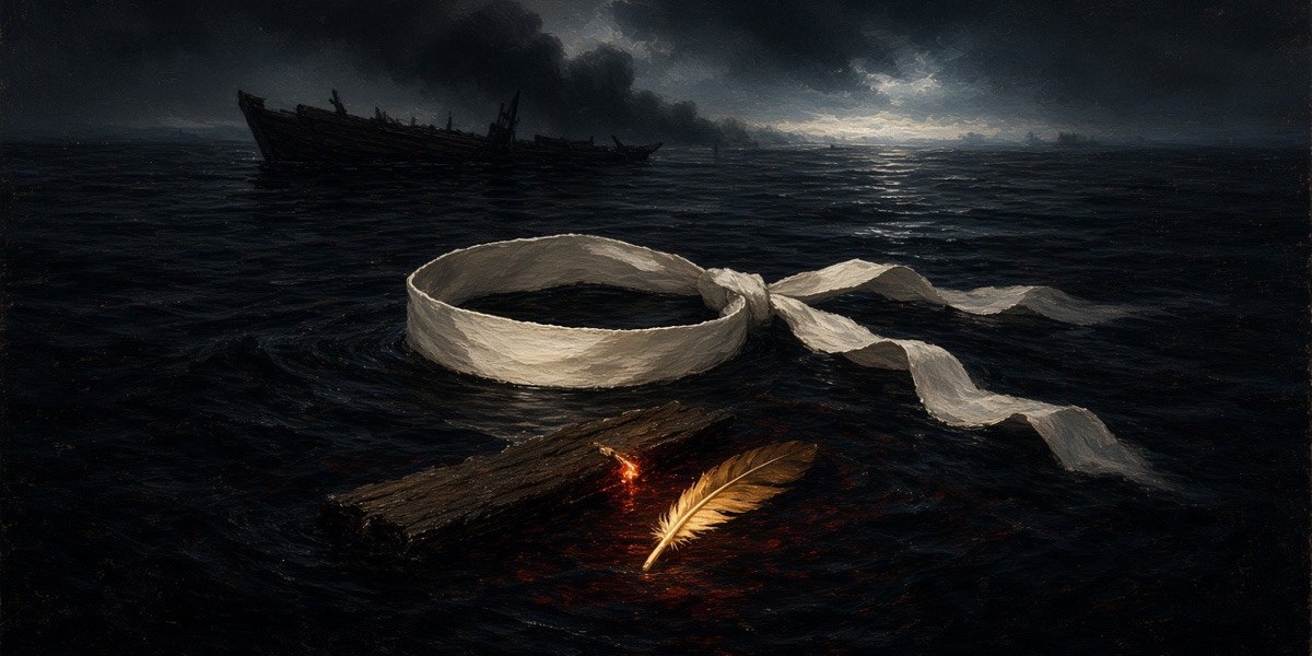 Aftermath: Takutsu’s white headband floats on the red water among embers and a single golden feather