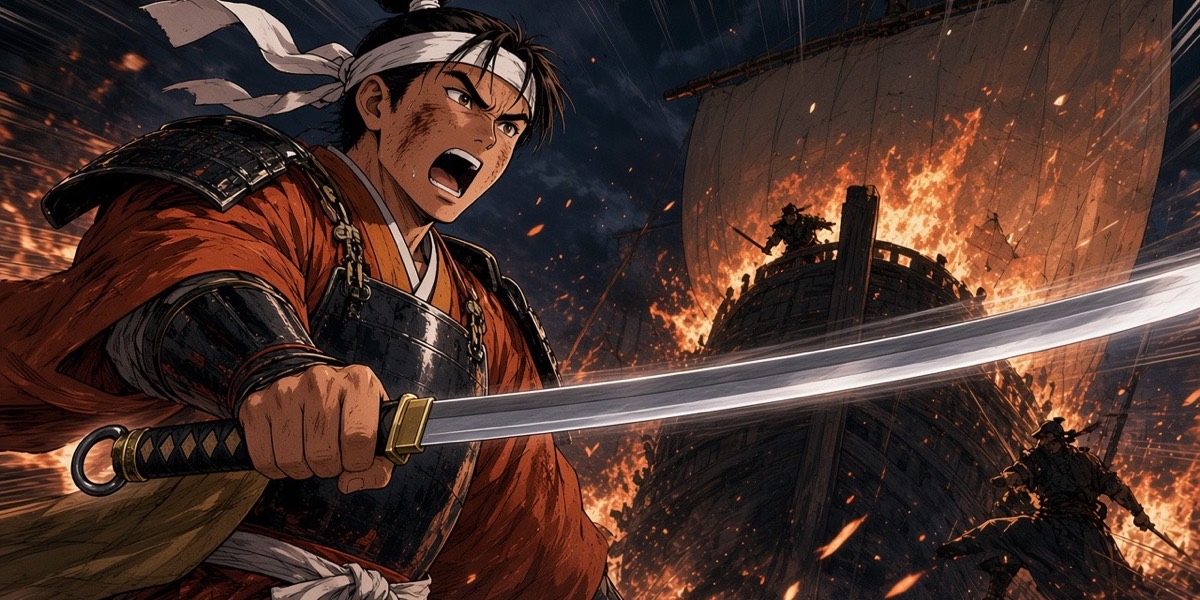 Takutsu fights on the shrinking deck of his burning ship, ringed by Tang hulls