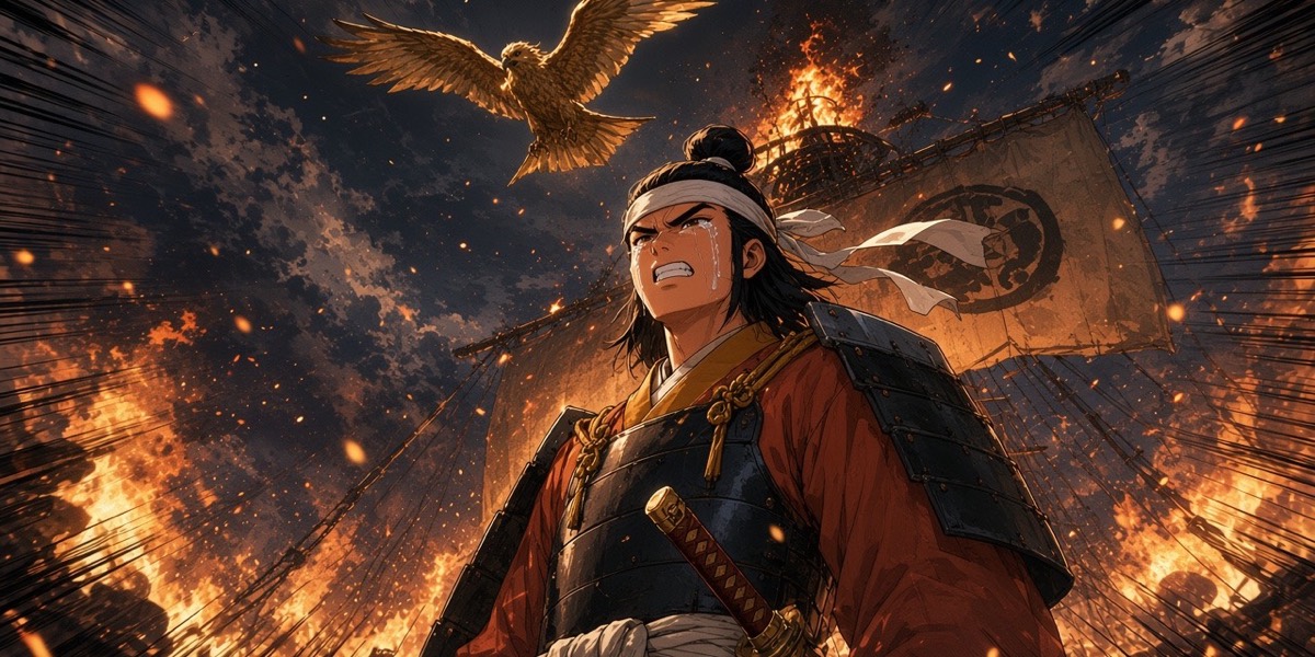 Echi no Takutsu looks up to heaven and swears on the burning deck as the golden kite circles in the smoke