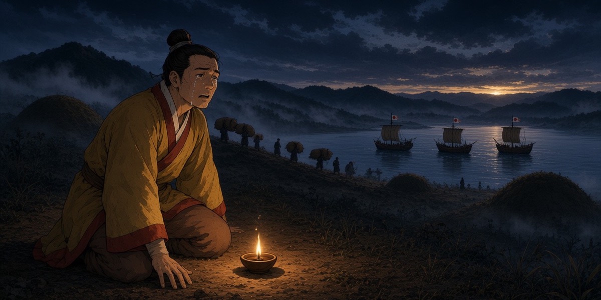 Refugees on the road to Terye look back at the mountains of Baekje; an old man touches the earth