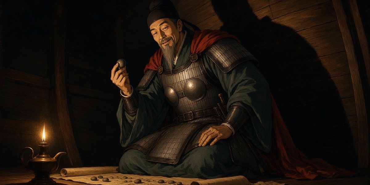 The Black Tortoise kneels over a silk chart of the river mouth by lamplight, weighing pebbles for ships