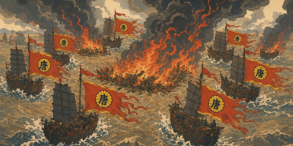 From above, the Tang fleet closes in a ring around the Yamato centre