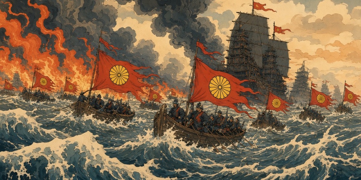 The Yamato vanguard rows hard at the Tang line on the evening water