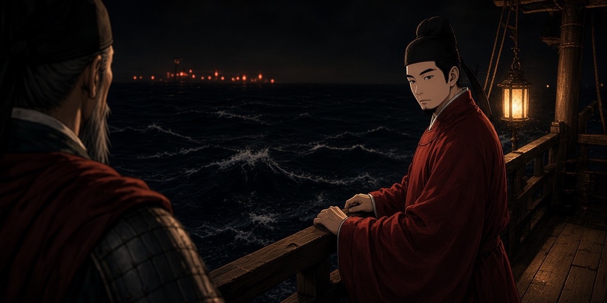 Over the Black Tortoise’s shoulder: Yung in a Tang officer’s robe at the rail, staring at an empty sea