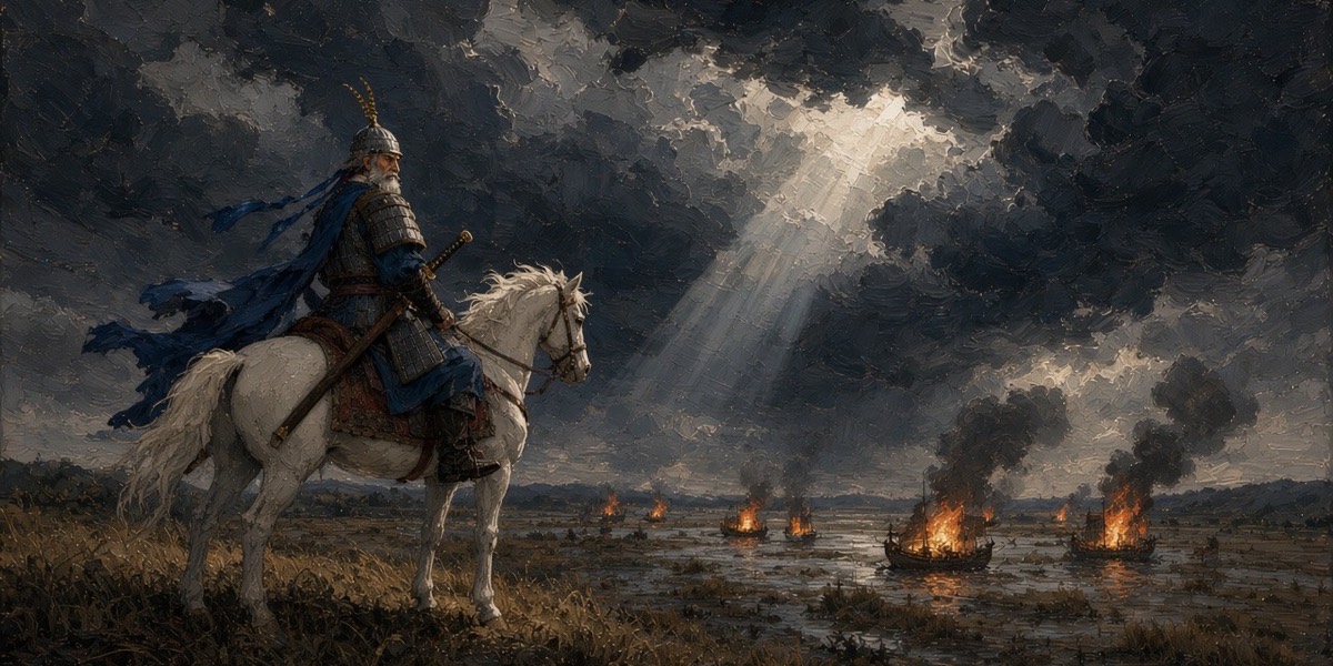 Old Kim Yushin on his white horse on the ridge, reins loose, watching the shore camp break far below