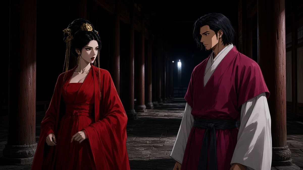 Night colonnade: pale Wu calling; Chunchu in magenta ambassador coat with white inner collar and sleeves
