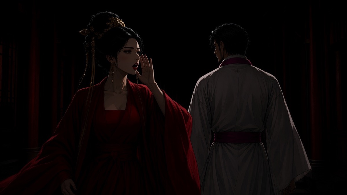 Same dark corridor: pale Wu calling, hand at her mouth; him turning in white-magenta