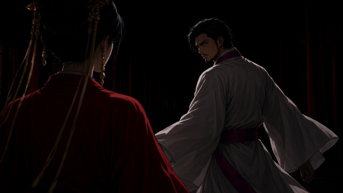 Same dark corridor: over-shoulder, Chunchu looking back with a question