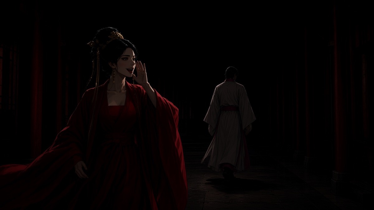 Same dark corridor: she waves; he is already a small figure walking into the black