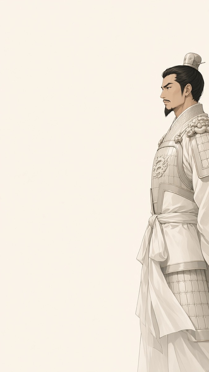 Xue Rengui in profile on the right edge, looking into a vast empty pale-ivory plane — silky white lamellar, one white-dragon accent