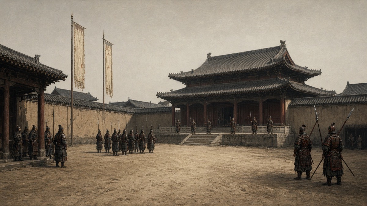 Xue Rengui in white armour in the Andong Protectorate yard, a real Tang compound on Goguryeo ground