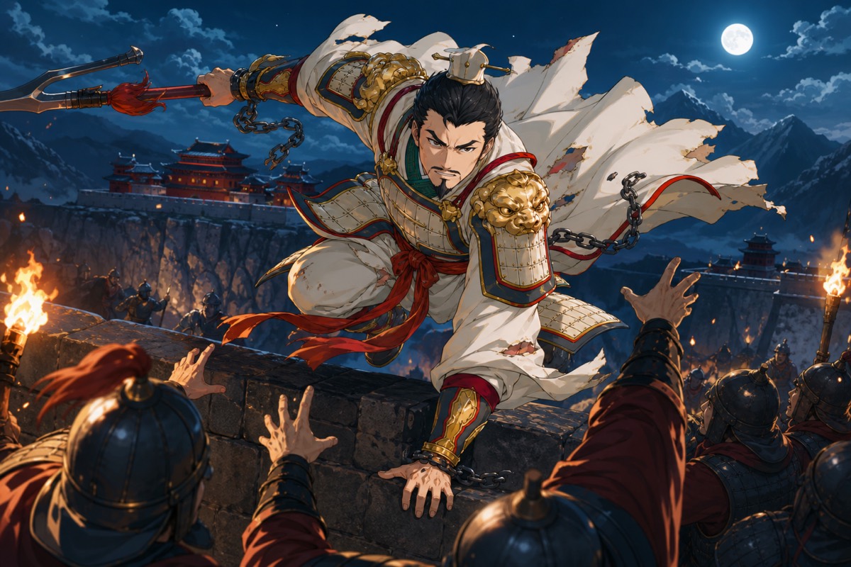 Xue Rengui in torn white armour seizes his ji from the fortress yard and scales the wall by night