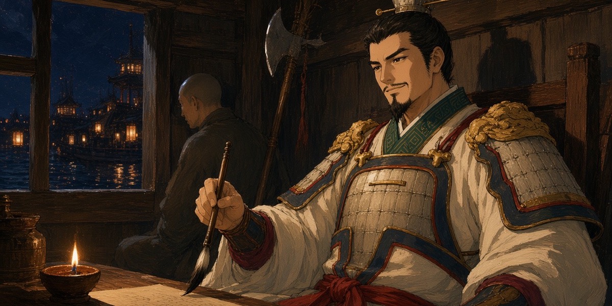 Xue Rengui writes his letter to the King of Silla by lamplight in the cabin of his flagship.