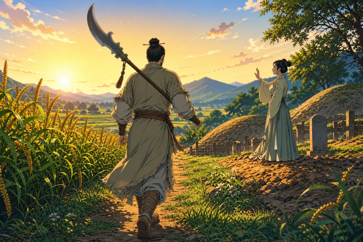 Farmer Xue Rengui shoulders the fangtian ji and leaves his Longmen field, his wife watching from the grave mounds