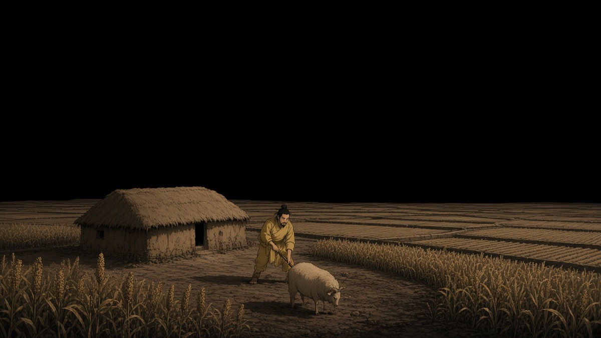 Dawn mist over a Longmen millet field: one rammed-earth hut, two tiny yellow-and-dust figures