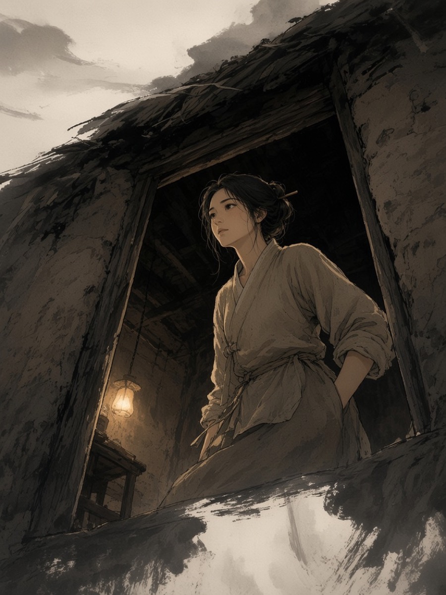 Lady Liu in the dark rectangle of a Longmen rammed-earth hut door