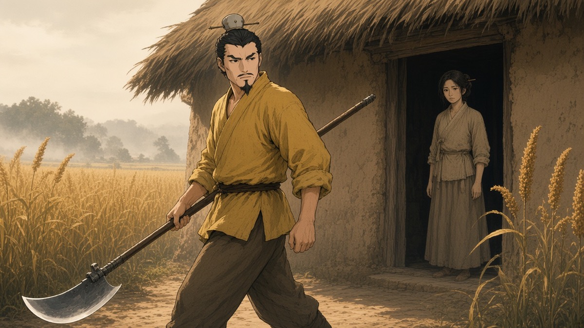 Xue in yellow peasant cloth shoulders a ji at the hut; Liu watches from the door