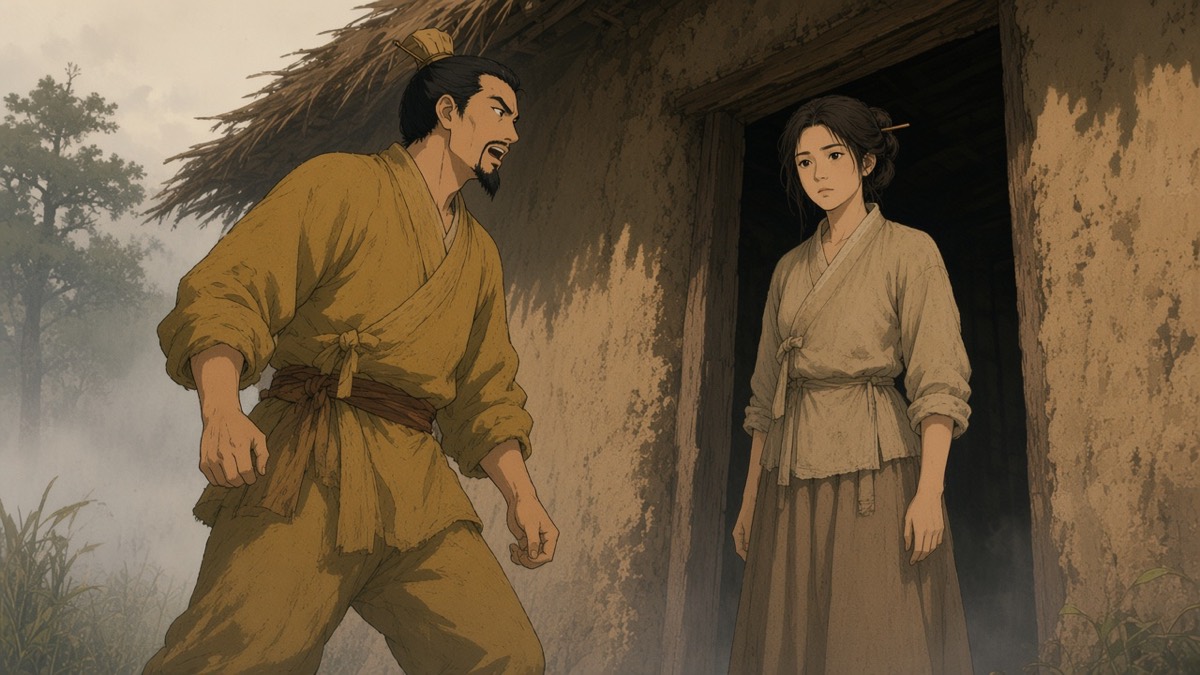 Two-shot at the hut threshold: Xue in yellow peasant cloth, Liu in dusty hemp