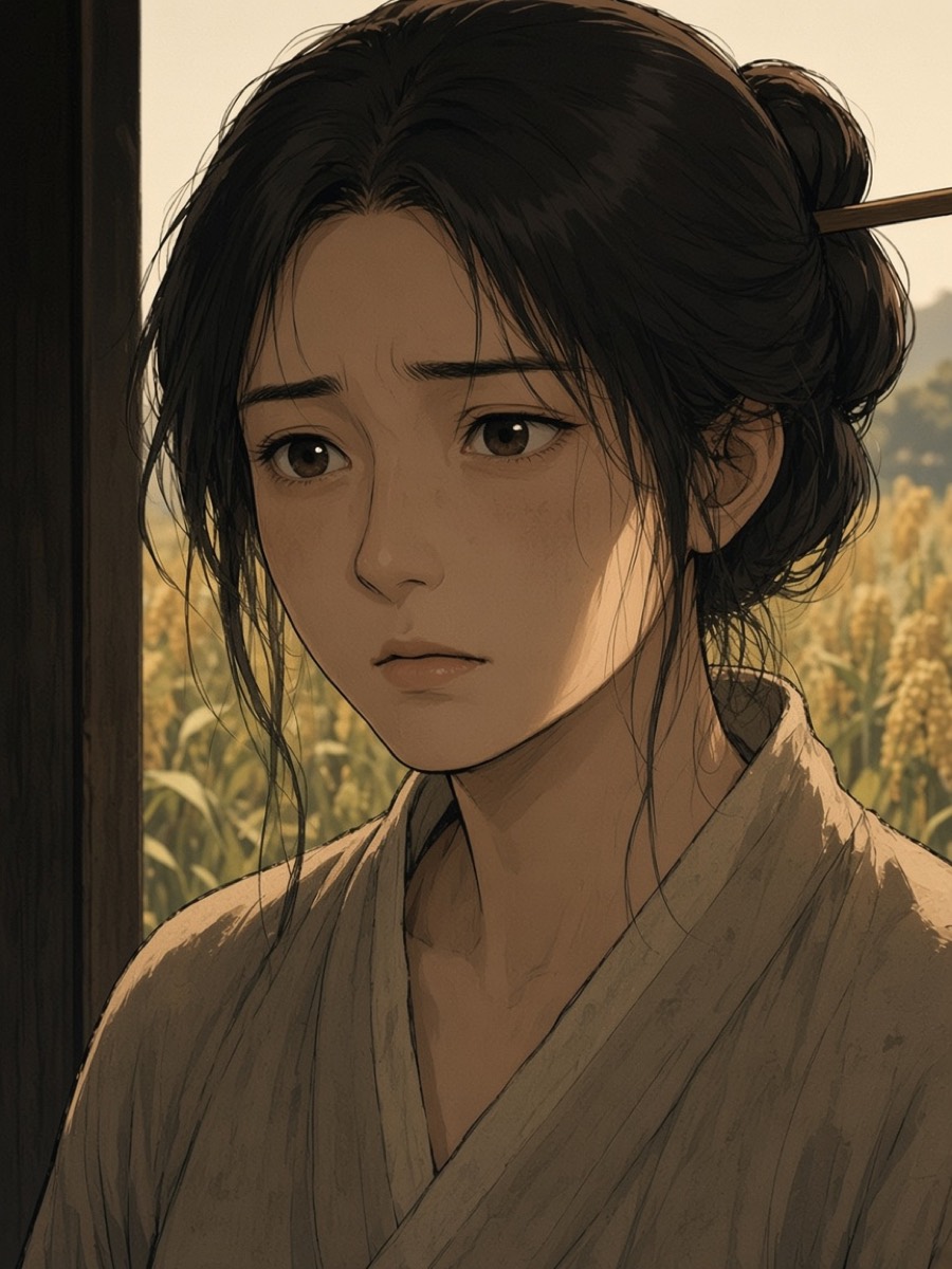 Lady Liu close, dusty hemp, looking at her husband in the field
