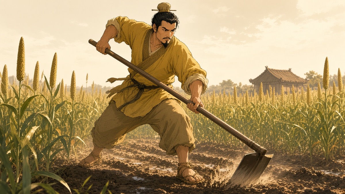 Xue Rengui in plain yellow hemp hoeing millet, face down, no armour