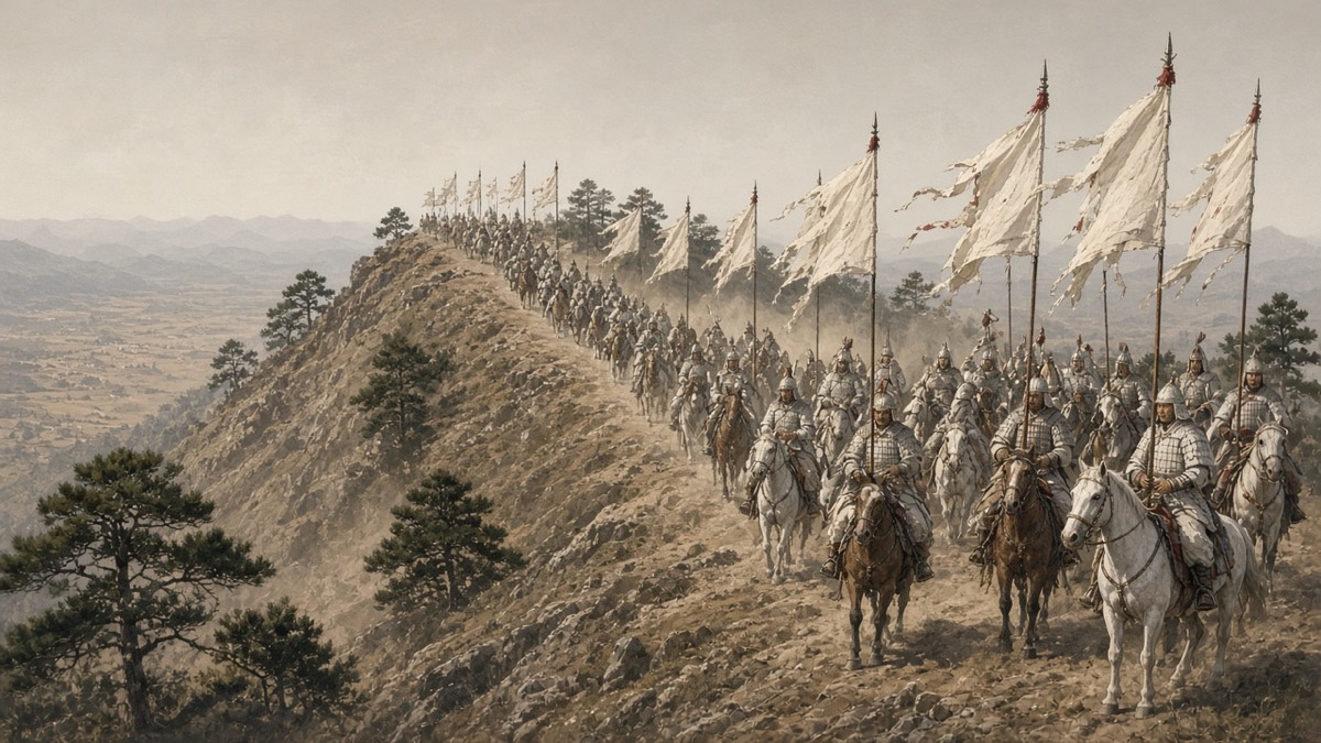 Stallion Mountain ridge: Tang cavalry in pale armour along a Liaodong hill, Xue at the front