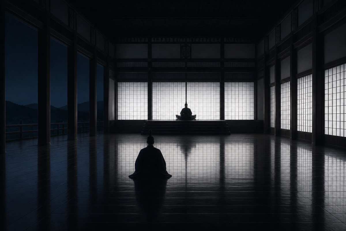 Chunchu as a tiny kneeling silhouette in a vast dark Yamato hall of bone-white shoji, no Tang yellow light