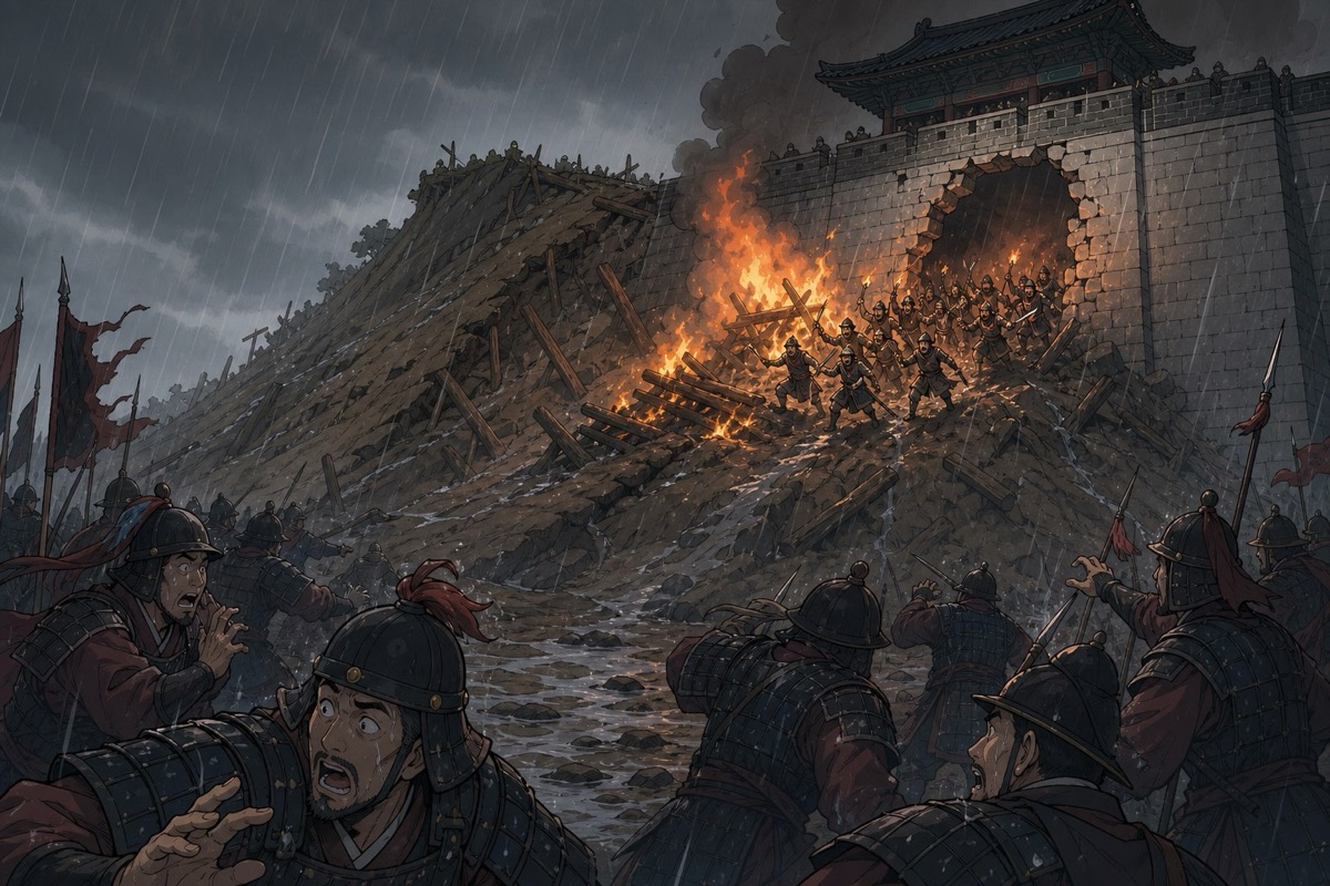Ansi's defenders storm the fallen mound and set its slopes alight