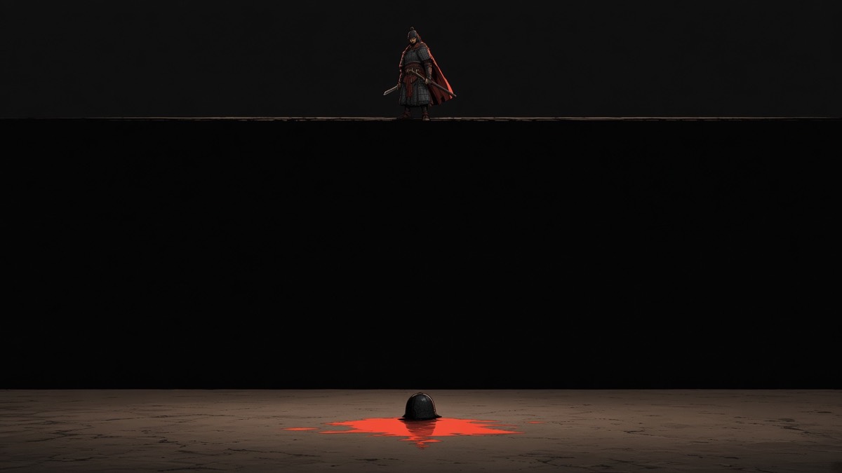 After the arrow: a lacquered helmet as a black disc on empty packed earth; the guardian a distant lip-figure.