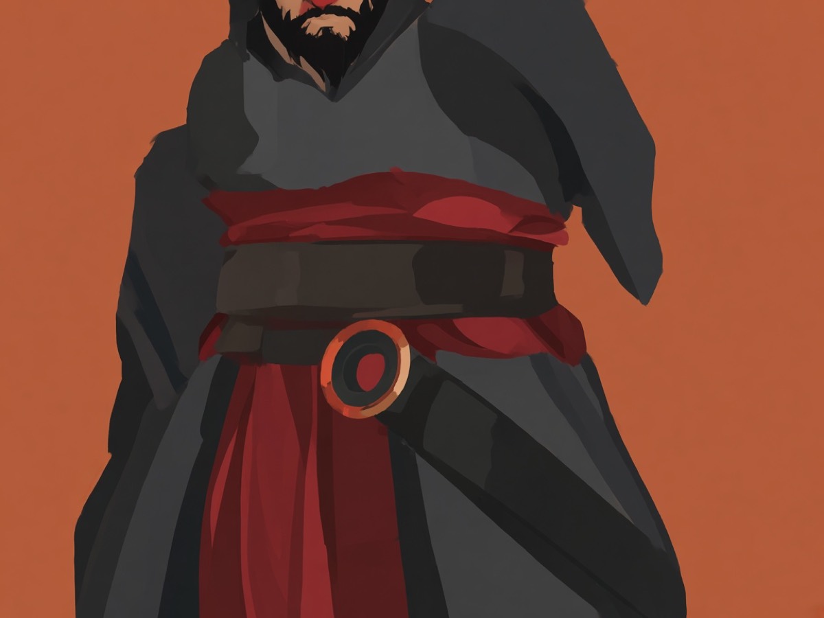 Close: the Guardian of Ansi’s hip — Goguryeo 환두대도 ring hanging readable at the belt, terracotta accent