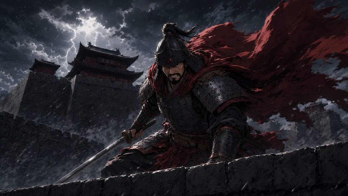 Worm’s-eye Ansi parapet: the Guardian of Ansi, steel plates, red-wing accent, wind-snarl