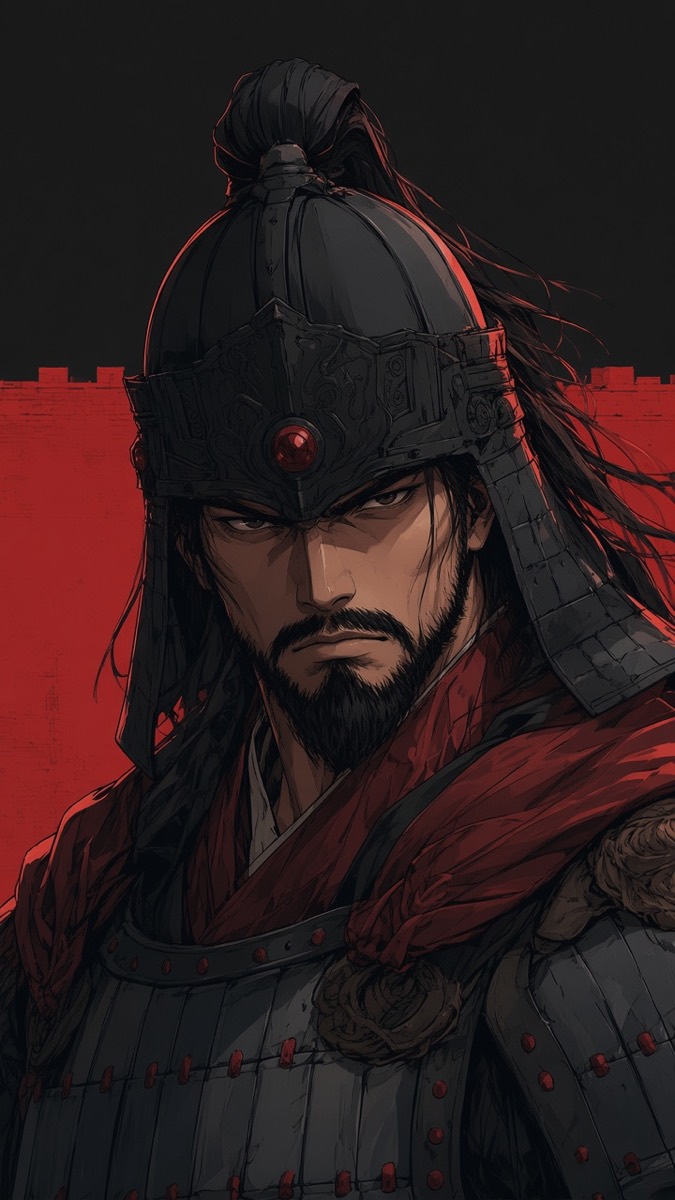 The unnamed Ansi chief — weathered adult face filling the frame on a red stone parapet, wind, no triumph, only the wall.