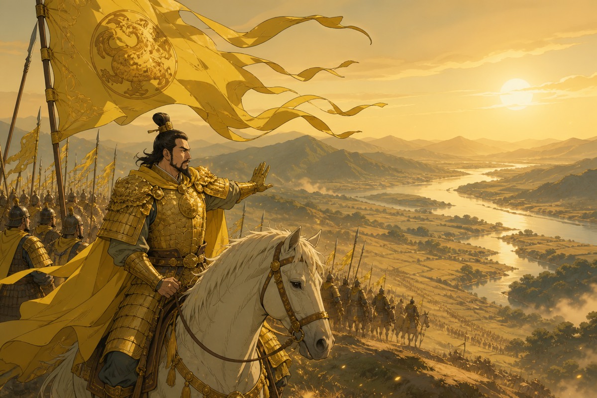 The gold-armoured Tang commander at the head of the invasion host