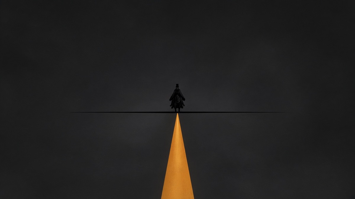 Horizontal spear-bar: tiny armored horse-silhouette on a black line; amber shaft from below — no face