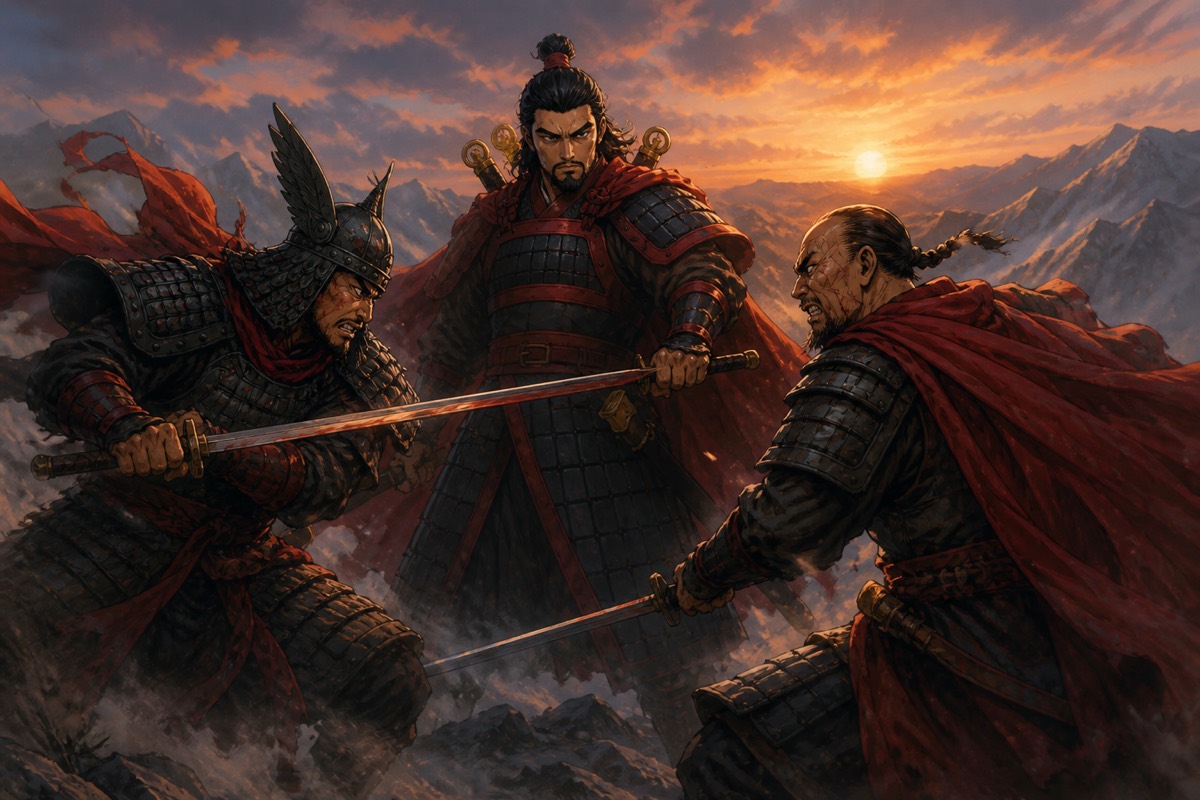 Two armored generals clash face to face over a bloodied blade on a red field