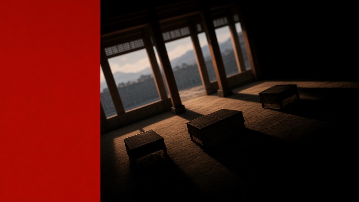 Dutch crane: empty Pyongyang banquet hall after the knives — one red wall-plane, overturned tables, crushed black
