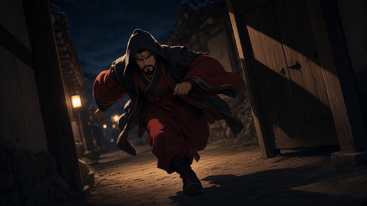 Dutch night: hooded Euija in disguise mid-slip through a dark Sabi lane