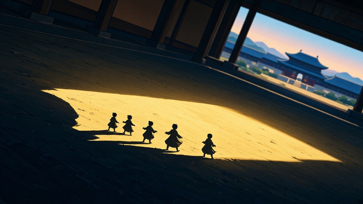 Dutch crane: five tiny Baekje princes in a thin row on a vast empty Sabi hall
