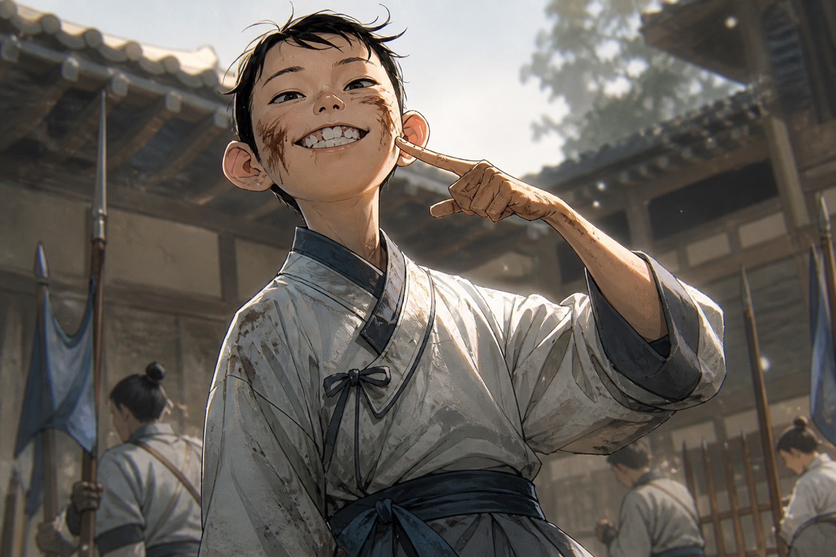 Young Yushin on the yard, mud on his face, grinning and pointing at himself — “My name is Kim Yushin!”