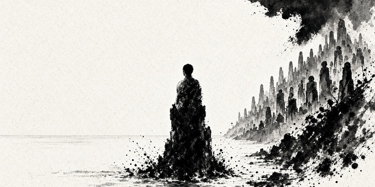 The youngest son stands in the sea as a lone rock; his brothers stand as stones on the mountain