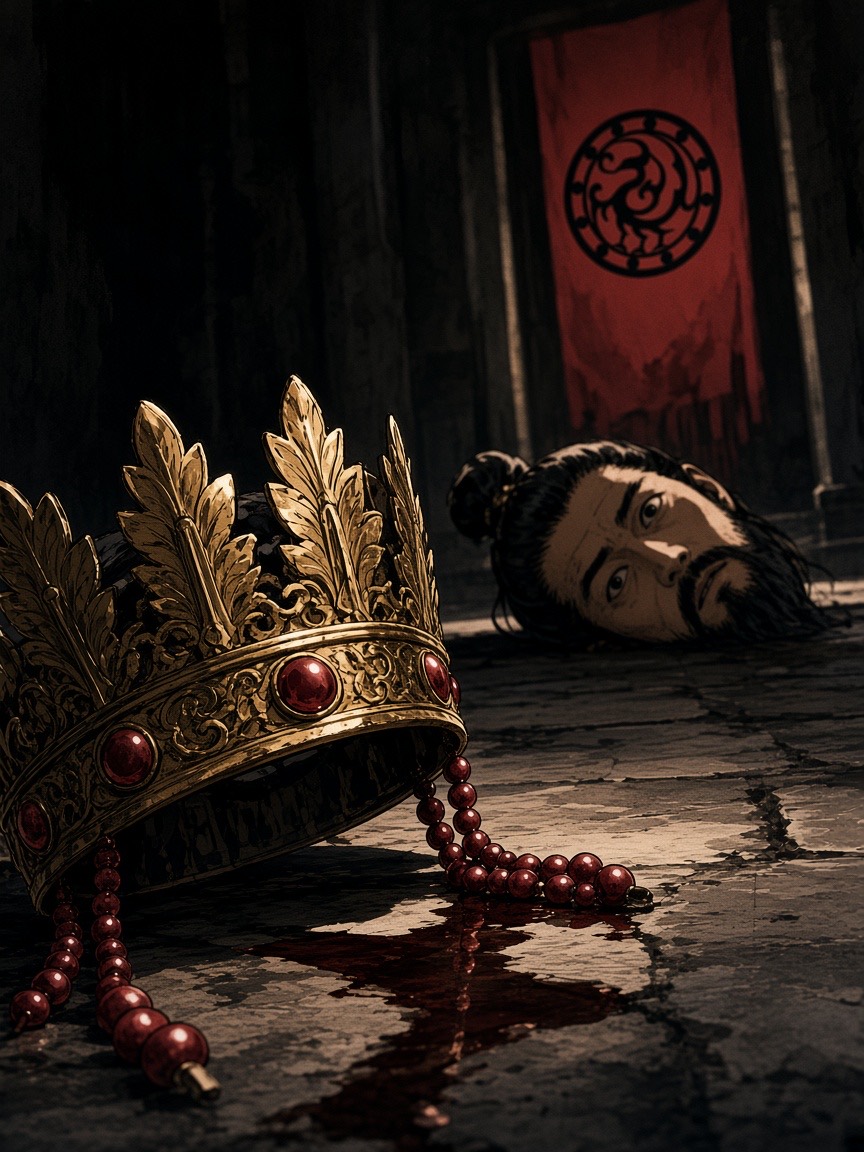 Dutch angle at floor level: the dead king's open eyes, the gold crown fallen beside him, blood seeping along the stone joints