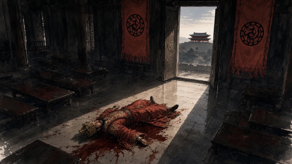 From the rafters: the empty banquet hall of the Pyongyang fortress at dawn, King Youngryu alone on the stone floor, a dark stain running toward the door