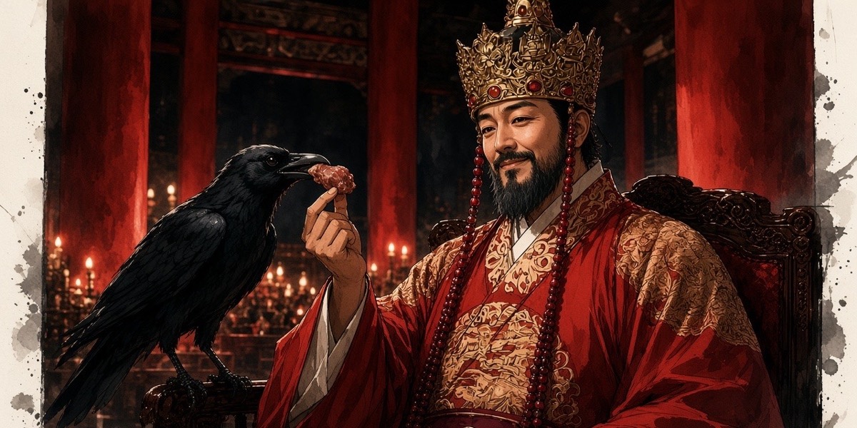 Poster key art: old King Youngryu at the banquet feeds a morsel to the three-legged crow perched on the arm of his chair, unaware of the night ahead