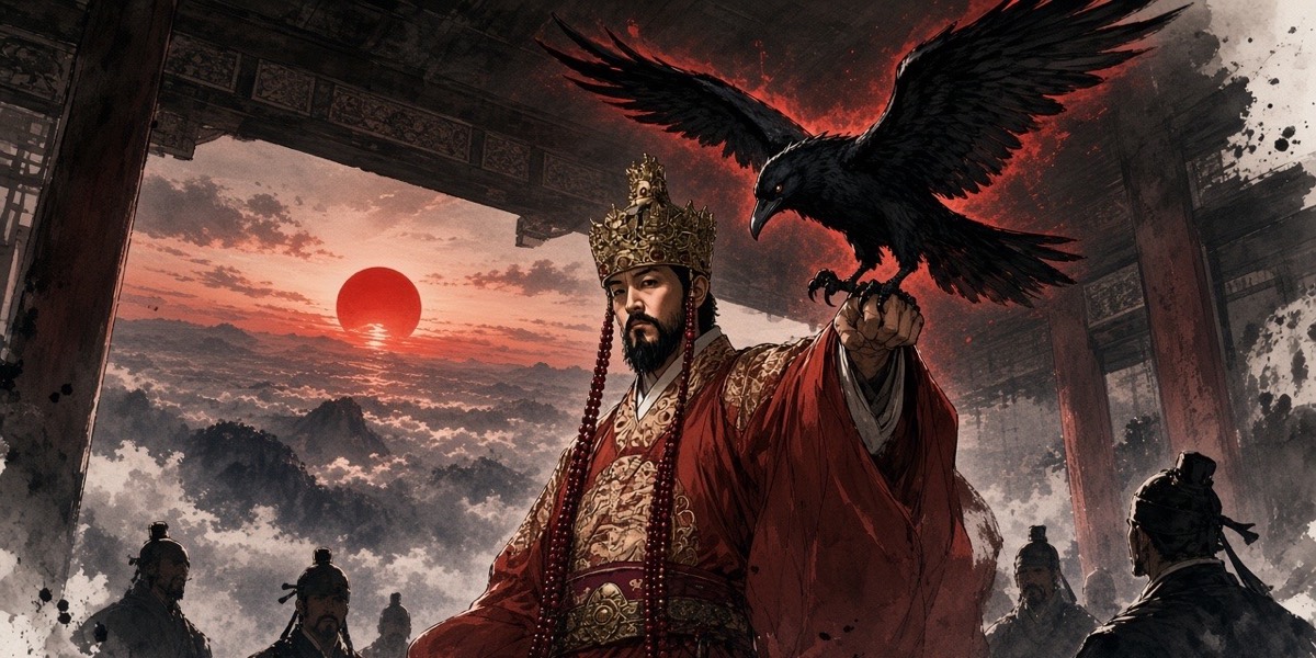 Poster key art: King Youngryu on the summit dais lifts his wrist and the three-legged crow lands on it as the commanders wait below