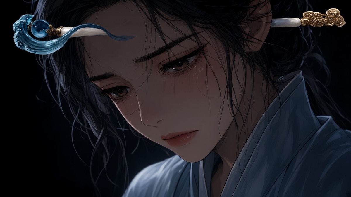 ECU: Yuhwa’s dejected face, dust on ice-blue, she does not look up