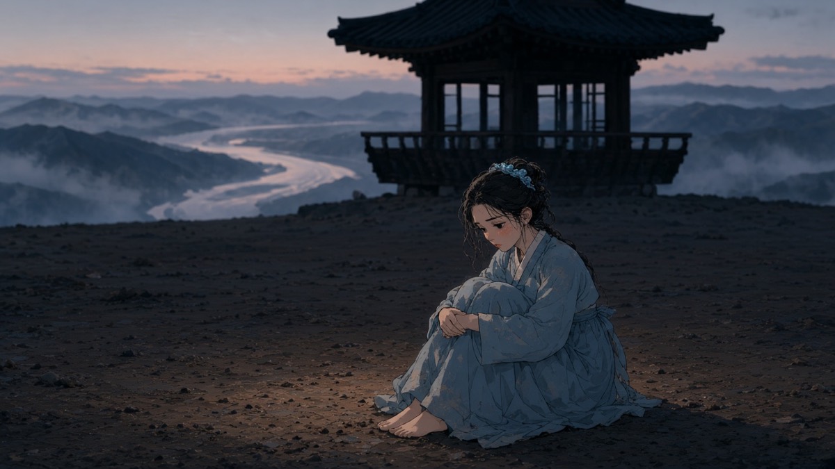 Abandoned: Yuhwa sits small on packed earth below the pavilion, mist gone, ice-blue dull with dust