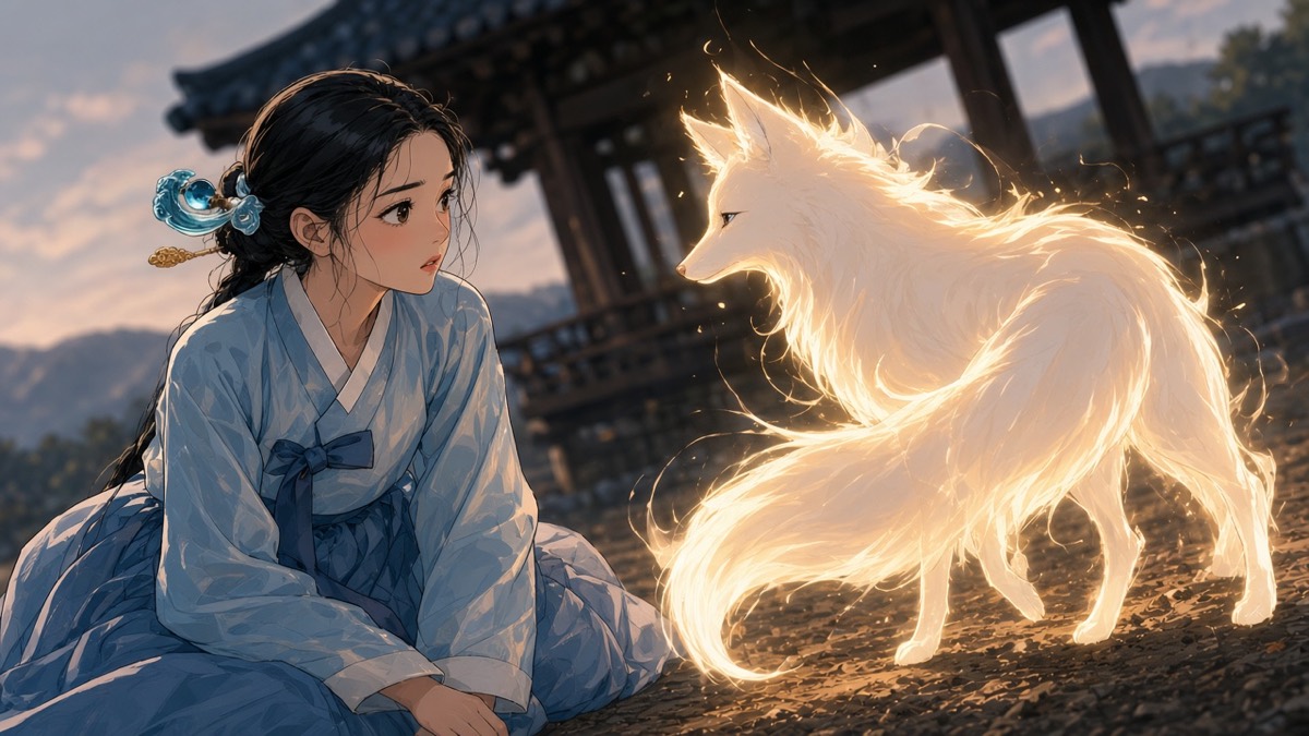 The pale gold-white sun-fox stands on packed earth; Yuhwa seeing it