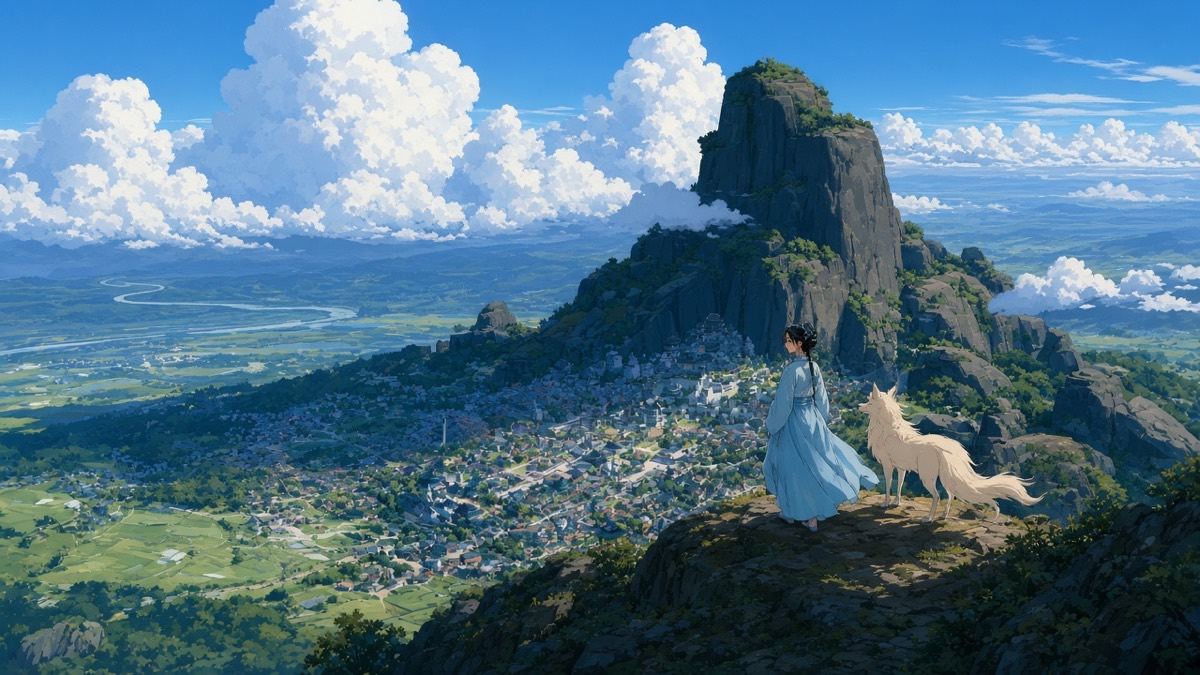 From a ridge: Northern Buyeo’s mountain city under a real sky; fox and Yuhwa tiny in the lower third
